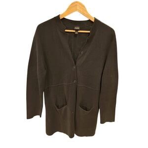 EILEEN FISHER Women's Cardigan Sweater LARGE Black Silk Blend Mandarin Collar